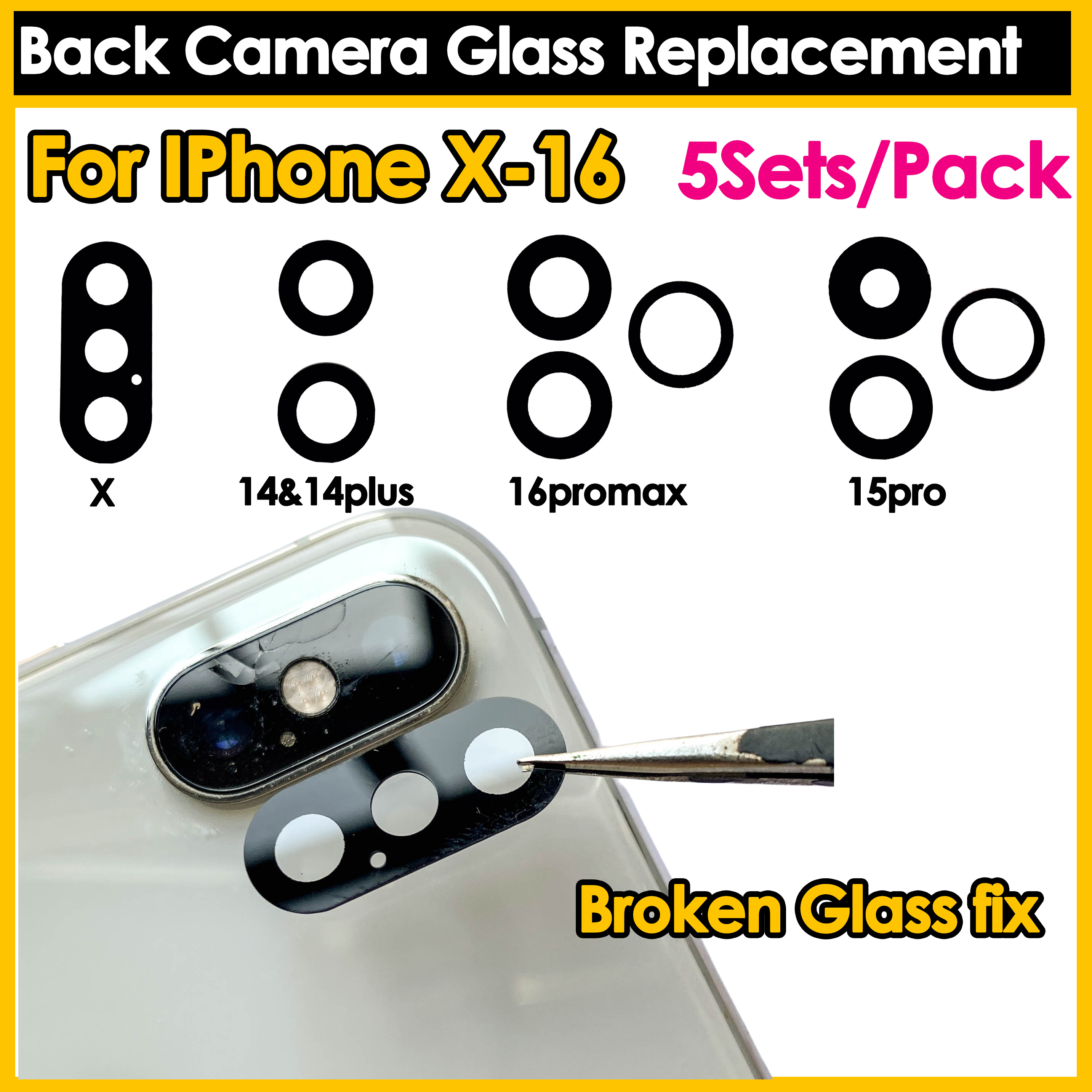 Phone Repair Kit - 5Sets New Back Camera Glass Replacement